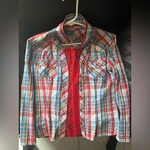 Bright bold plaid button down lace insert back panel
No brand 
Fits like a 4/6